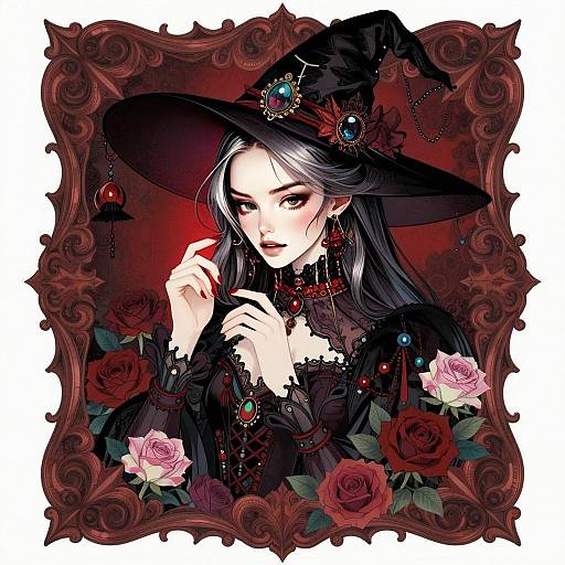 Elegant Gothic Witch Woman Digital Illustration with Roses and Dark Costume