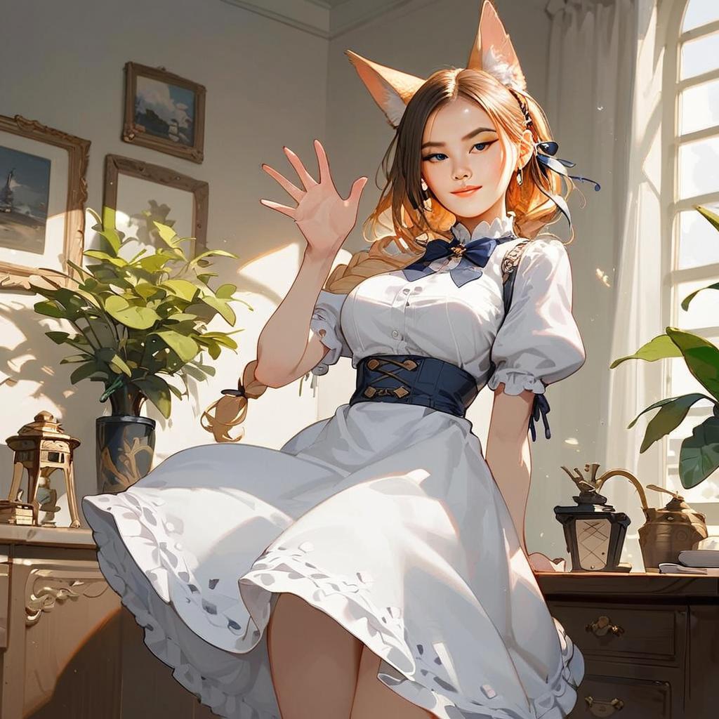 Anime Woman with Fox Ears in Elegant White Dress Sitting Indoors
