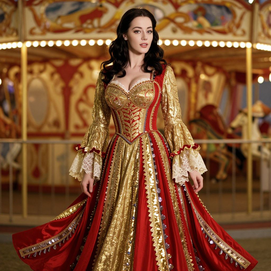 Woman in Ornate Renaissance-Style Red and Gold Gown by Carousel