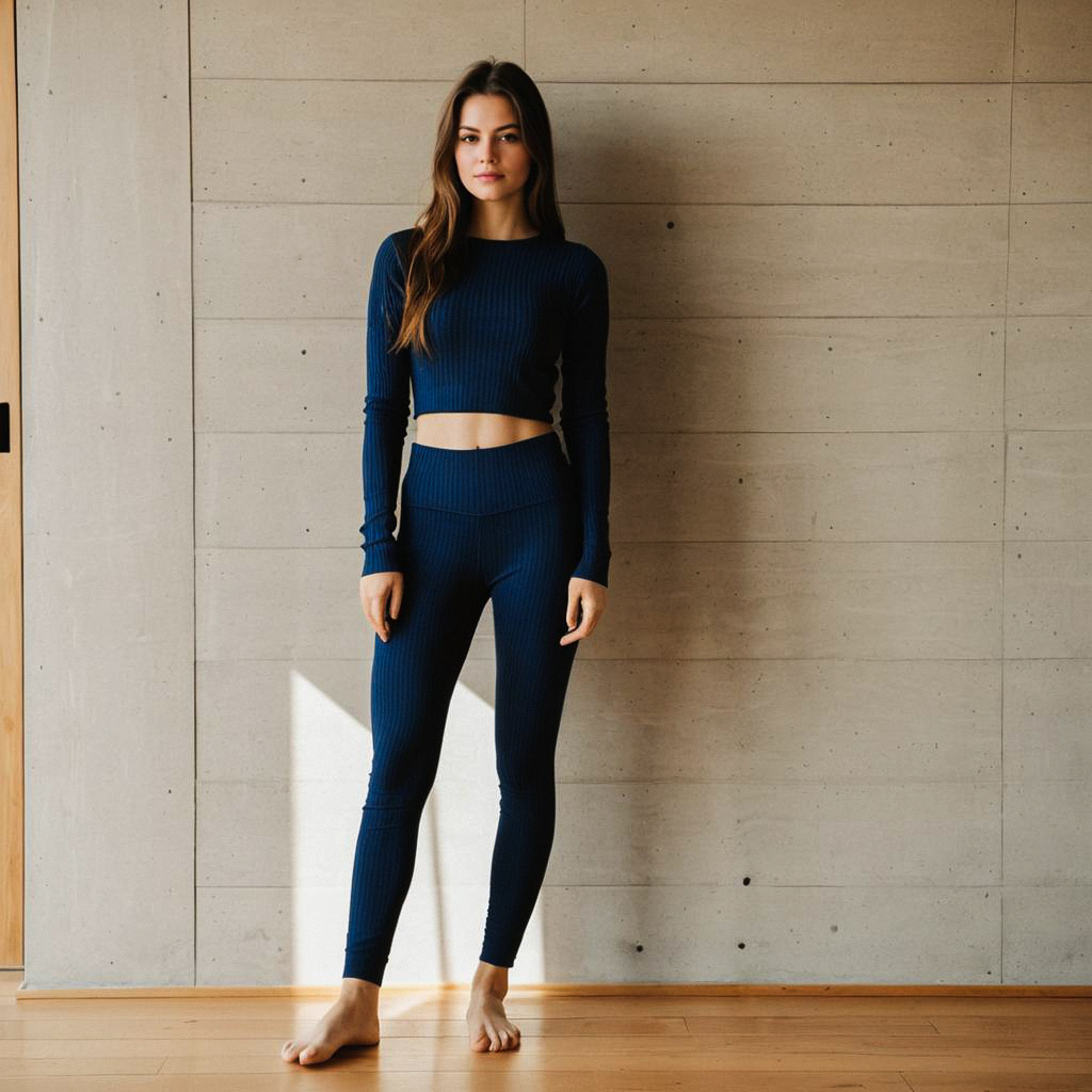 Woman in Navy Blue Ribbed Set Against Concrete Wall Woman in Navy Blue Ribbed Set Against Concrete Wall