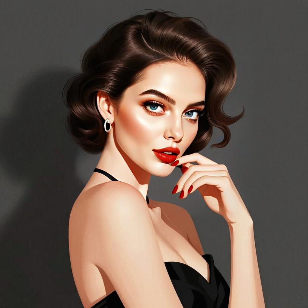 Glamorous Vintage Style Woman Portrait with Red Lips and Nails