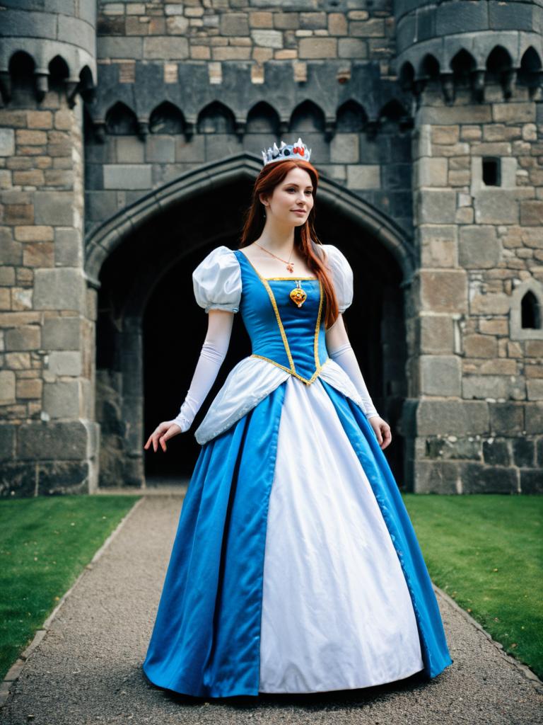 Woman in Blue and White Princess Costume Full Body Cosplay Photo at Castle