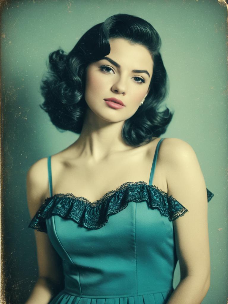 Retro Woman in Vintage Teal Dress with Lace Ruffle and Spaghetti Straps