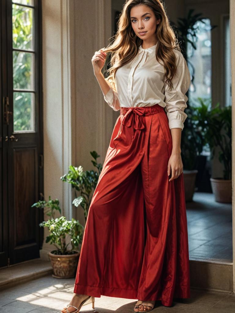 Elegant Woman in White Blouse and Red Palazzo Pants