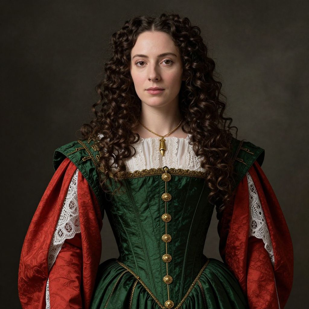 Renaissance Woman in Green Corset and Red Sleeves Portrait