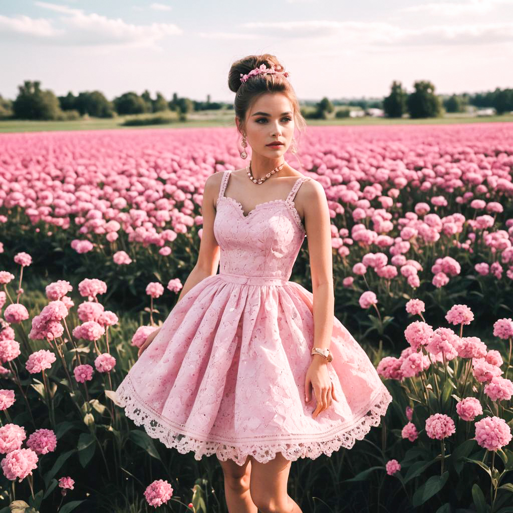 Young Woman in Pink Lace Dress in Blooming Field