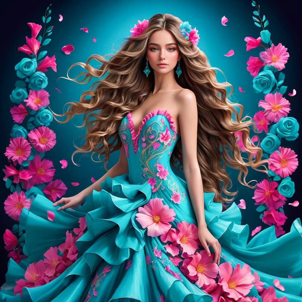 Elegant Woman in Turquoise Gown with Floral Accents