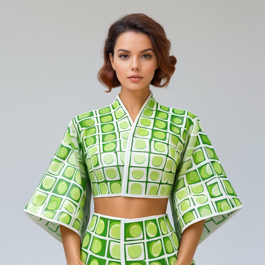 Woman in Modern Green Outfit with Geometric Pattern