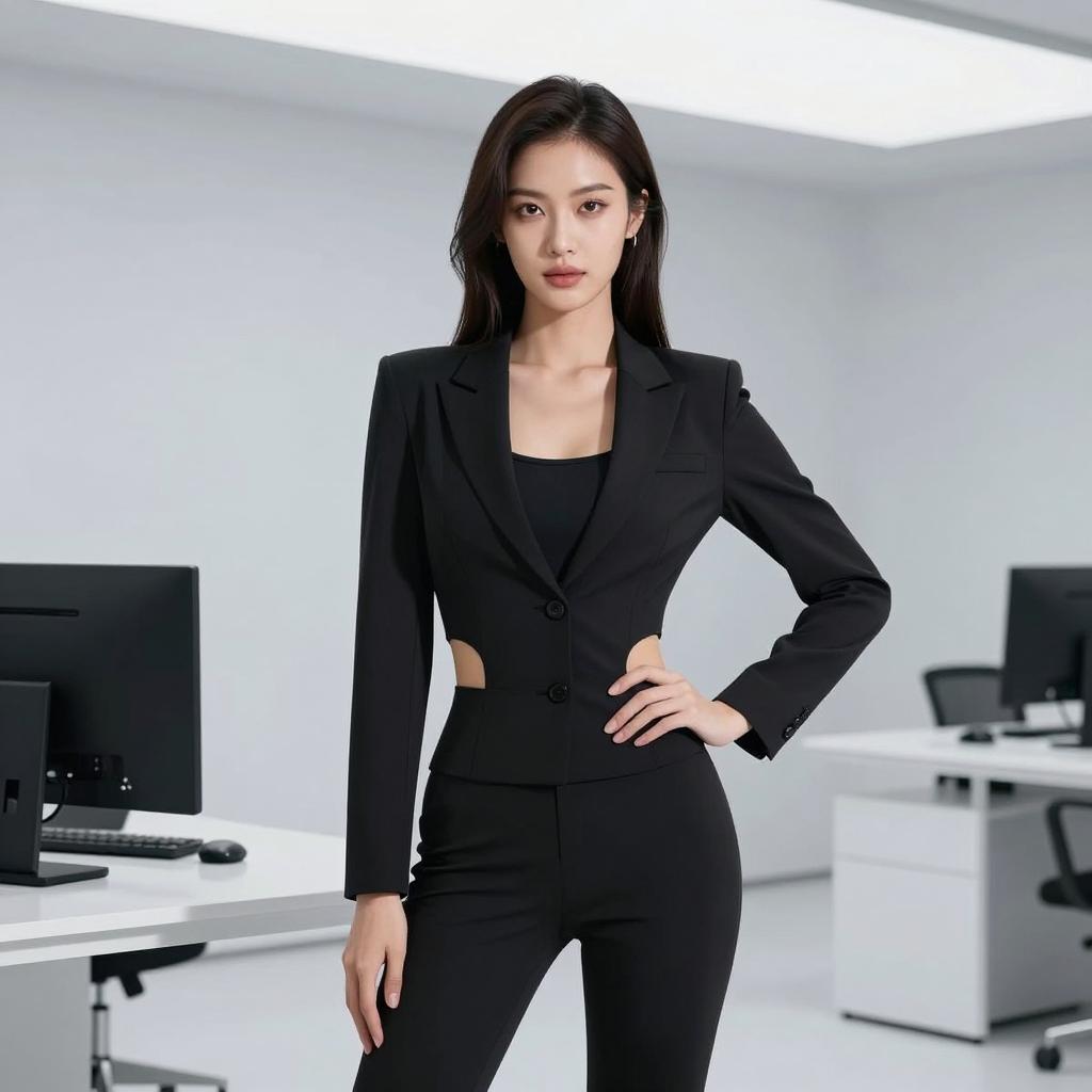 Confident Woman in Trendy Black Cut-Out Blazer at Modern Office - Gen Z Fashion