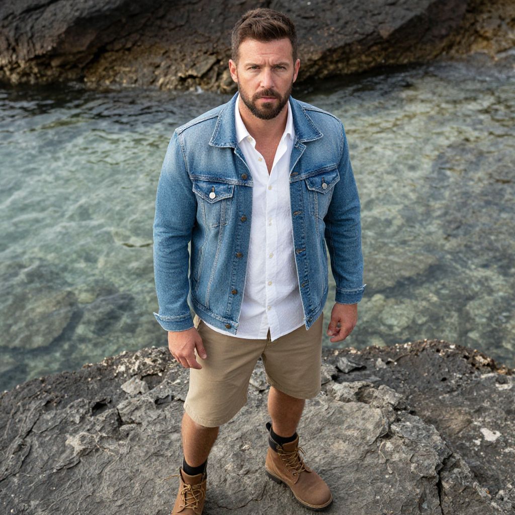 Man Standing on Rocky Shore in Denim Jacket and Khaki Shorts