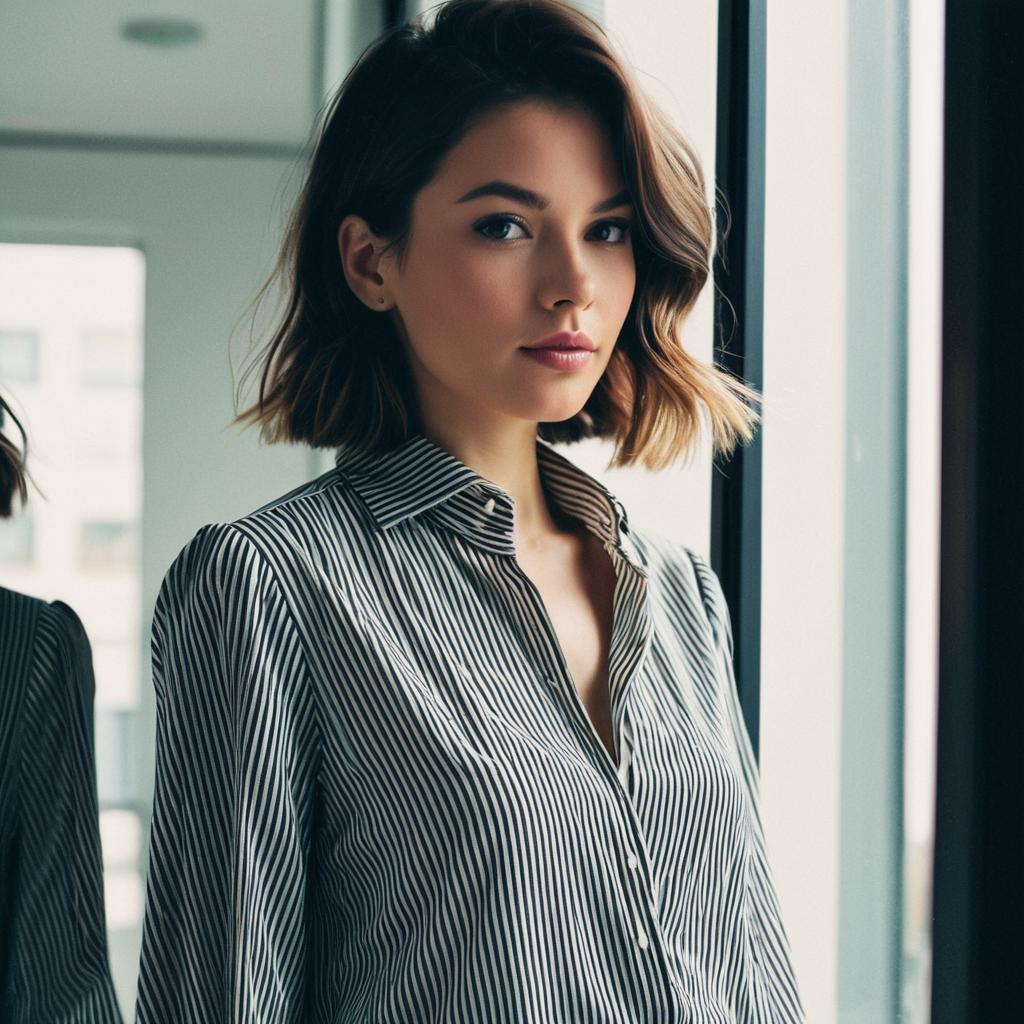Confident Young Woman in Striped Shirt by Window Natural Light Portrait