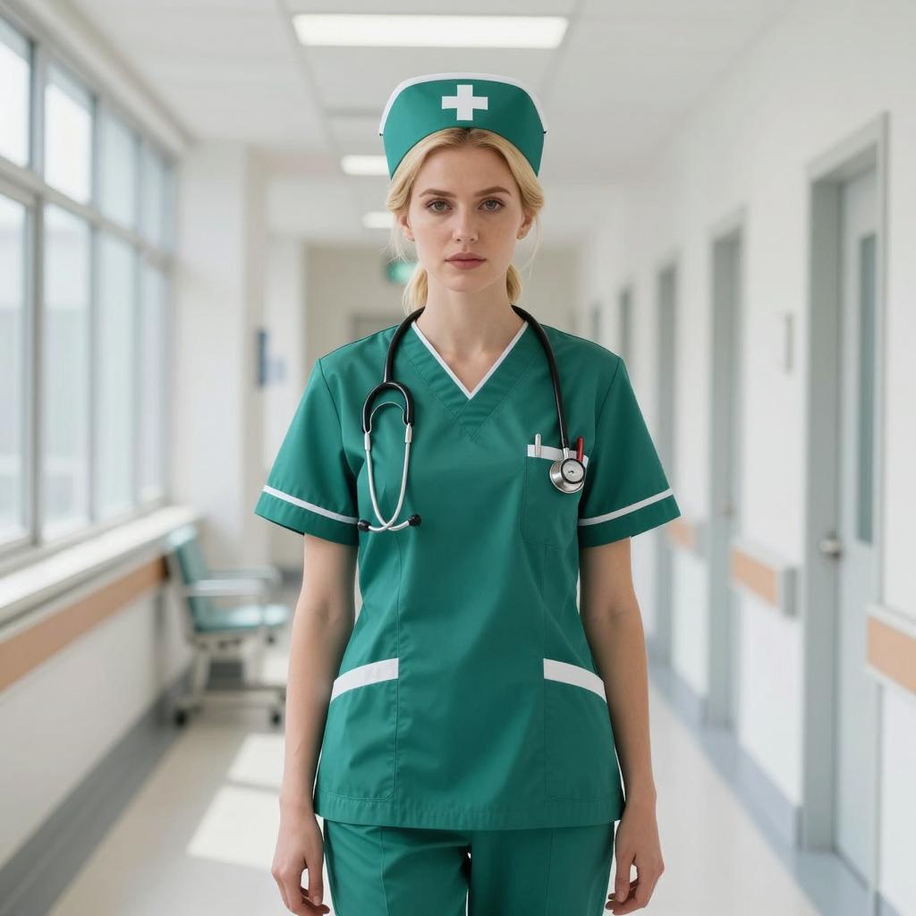 Confident Female Nurse in Green Scrubs with Stethoscope in Hospital Corridor