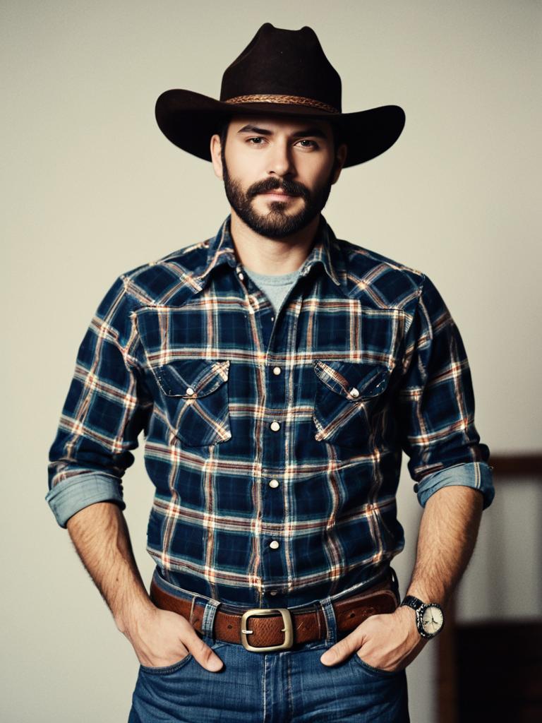 Confident Man in Cowboy Hat and Blue Plaid Shirt Portrait