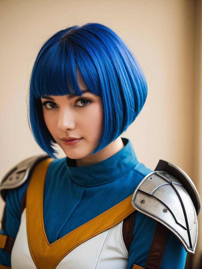 Woman with Blue Bob Hair in Futuristic Armor Costume