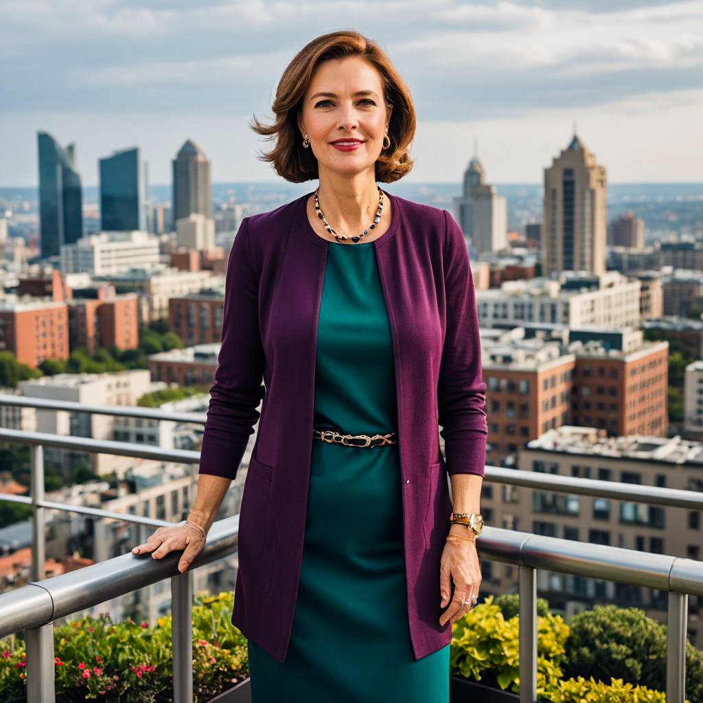 Confident Middle-Aged Woman on Urban Rooftop with Stylish Attire