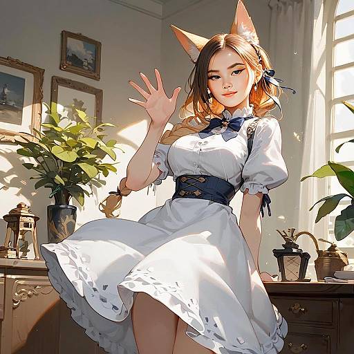 Anime Woman with Fox Ears in Elegant White Dress Sitting Indoors