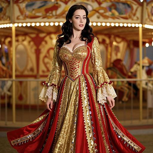 Woman in Ornate Renaissance-Style Red and Gold Gown by Carousel