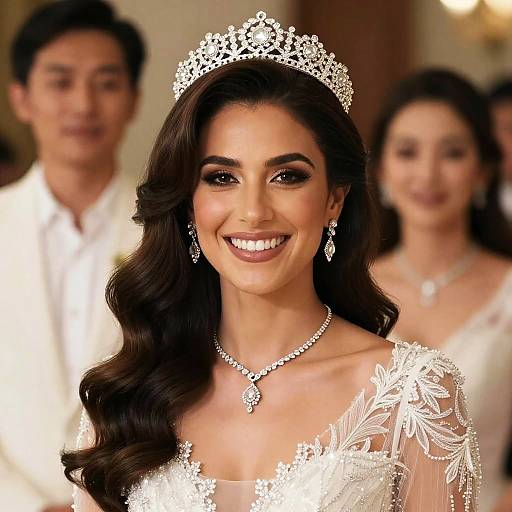 Elegant Bride Wearing Jeweled Tiara and Diamond Necklace in Wedding Portrait