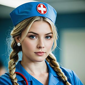 Realistic Blonde Woman in Blue Nurse Costume with Braided Hair