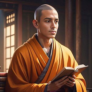 Young Man in Orange Robe Reading in Tranquil Setting