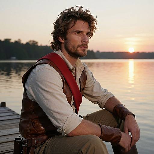 Man Sitting on Dock at Sunset Wearing Leather Vest and Life Jacket