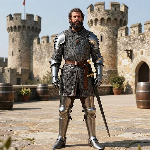 Medieval Knight in Armor Standing in Castle Courtyard