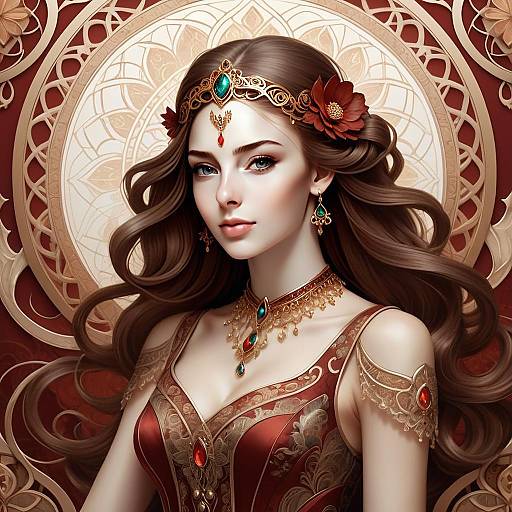 Elegant Fantasy Portrait of a Woman in Ornate Jewelry and Red Dress