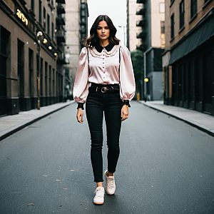 Stylish Woman Walking Confidently on Urban Street in Pink Blouse and Black Jeans