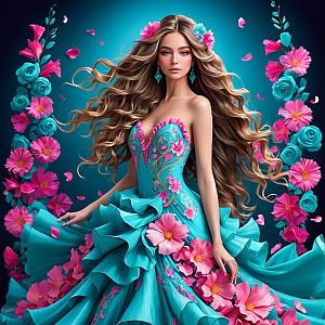 Elegant Woman in Turquoise Gown with Floral Accents