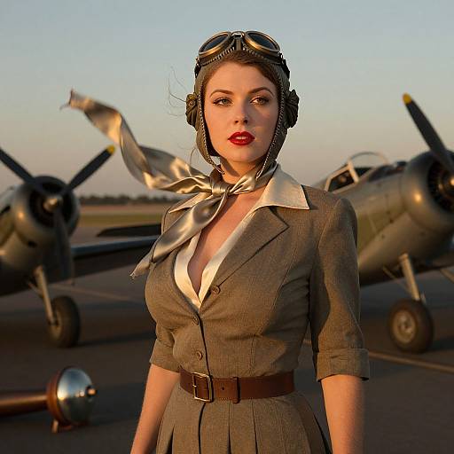 Vintage Aviator Woman in Classic Pilot Outfit with Propeller Planes