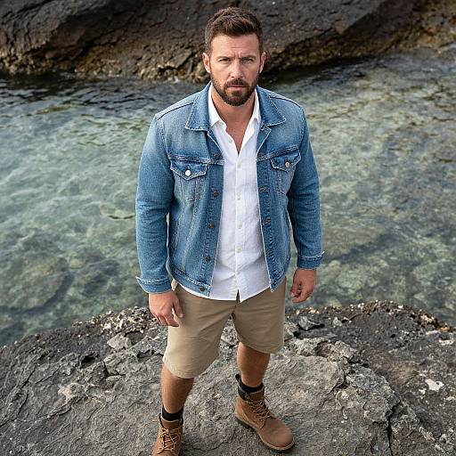 Man Standing on Rocky Shore in Denim Jacket and Khaki Shorts