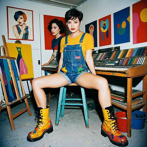 Creative Women in Colorful Art Studio with Paint-Splattered Boots