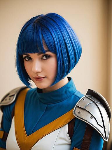 Woman with Blue Bob Hair in Futuristic Armor Costume