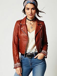 Casual Chic Woman Wearing Tan Leather Biker Jacket with Zippered Front and Notched Lapels