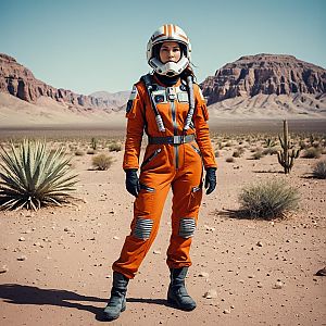 Woman Astronaut in Orange Space Suit in Desert Landscape