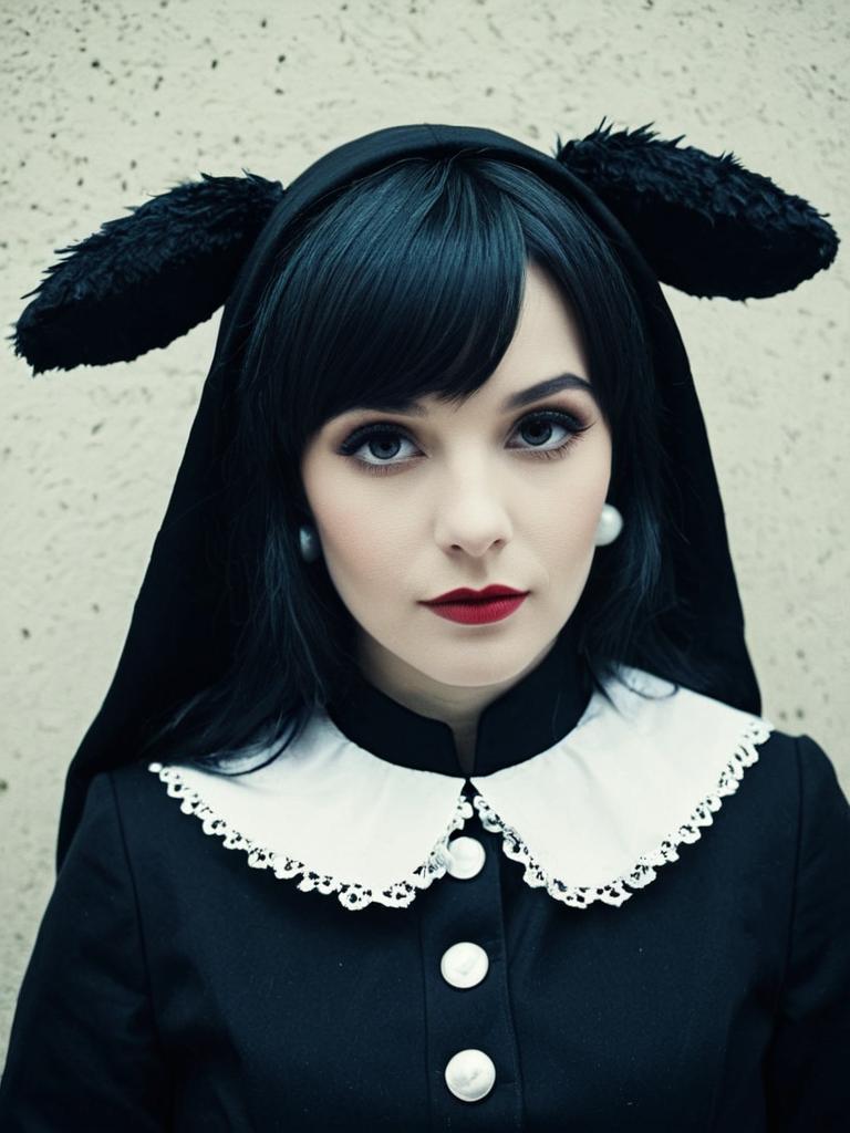Sexy Woman in Lolopechka Cosplay Costume with Black Furry Ears