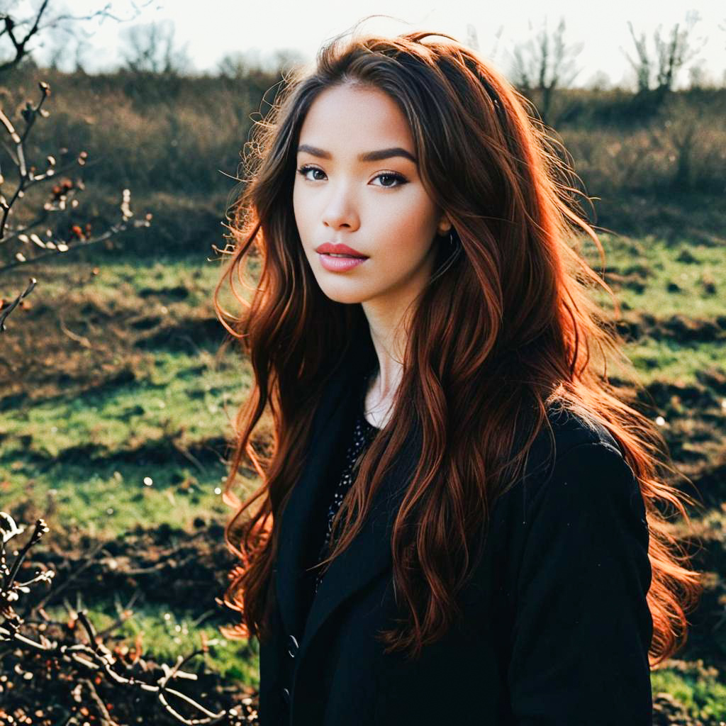 Young Woman with Red Hair in Green Field