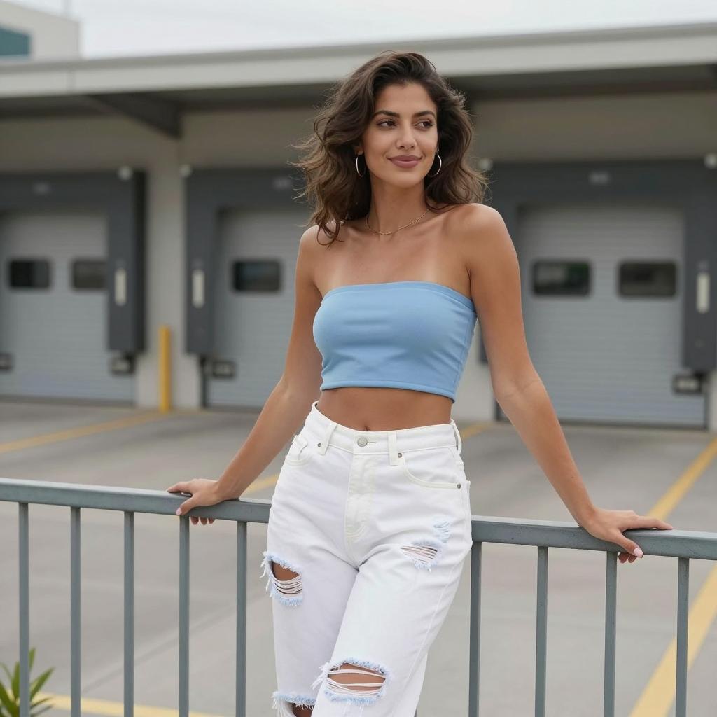 Trendy Gen Z Woman in Blue Tube Top and Ripped White Jeans Outdoors