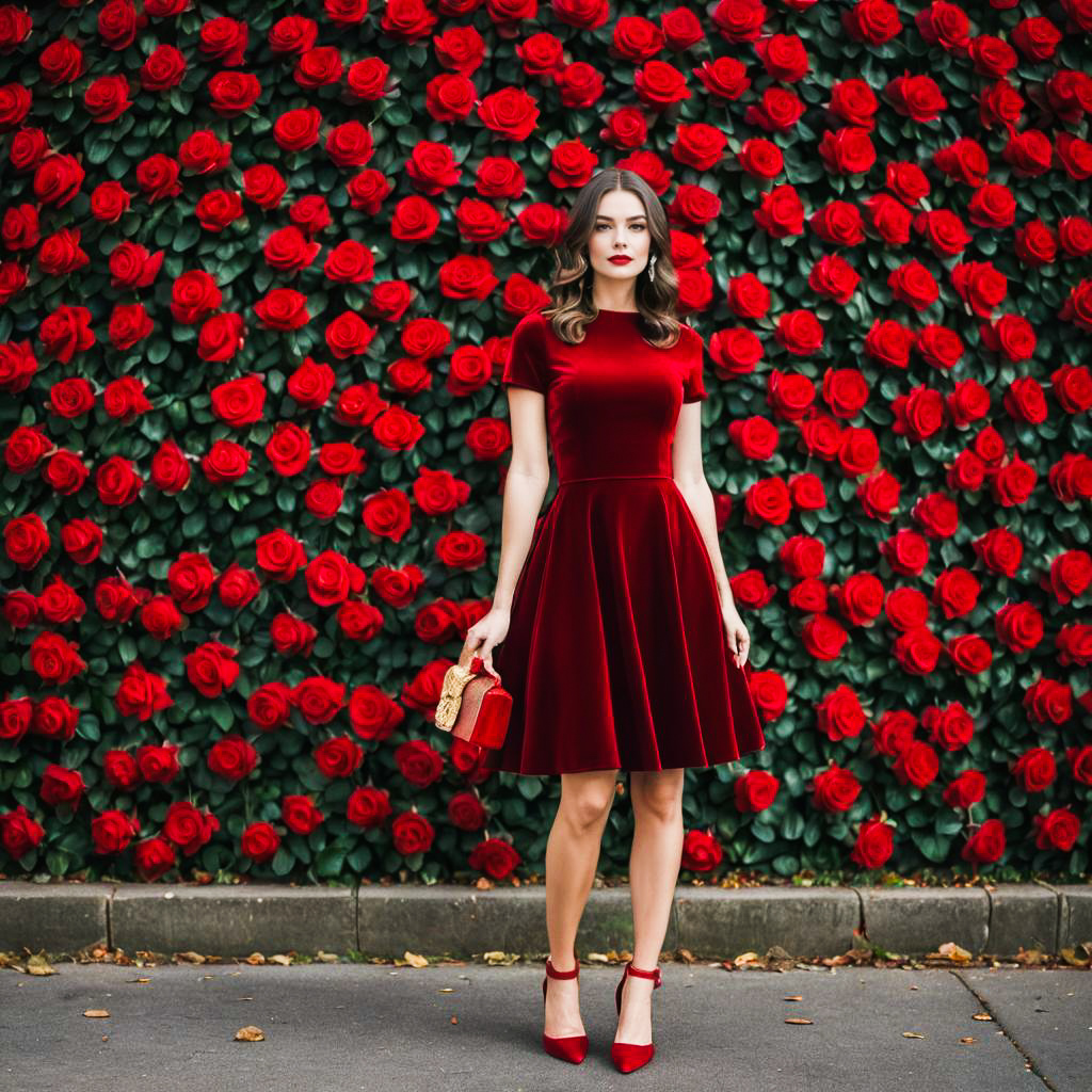 Elegant Woman in Red Velvet Dress Against Rose Wall