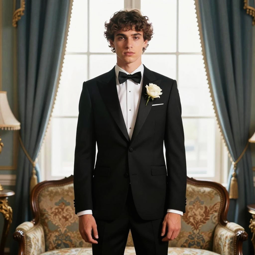 Young Man in Classic Black Tuxedo with White Rose Boutonniere