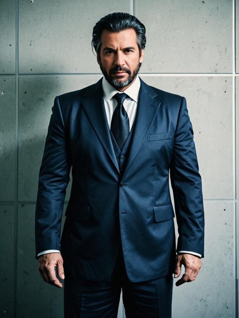 Man in Dark Blue Suit Realistic Big Boss Cosplay Portrait