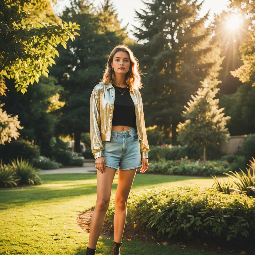 Stylish woman in sunlit garden with gold jacket