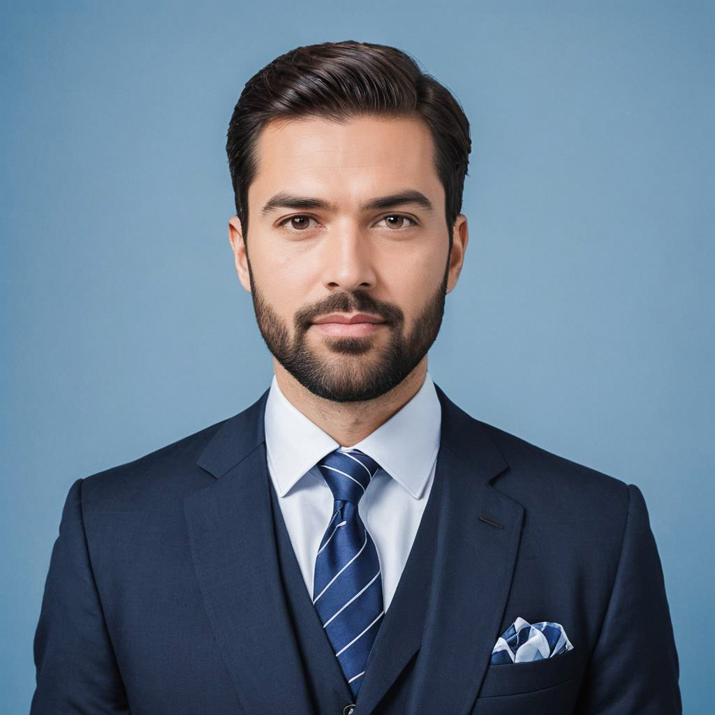 Confident Man in Navy Suit Against Blue Background
