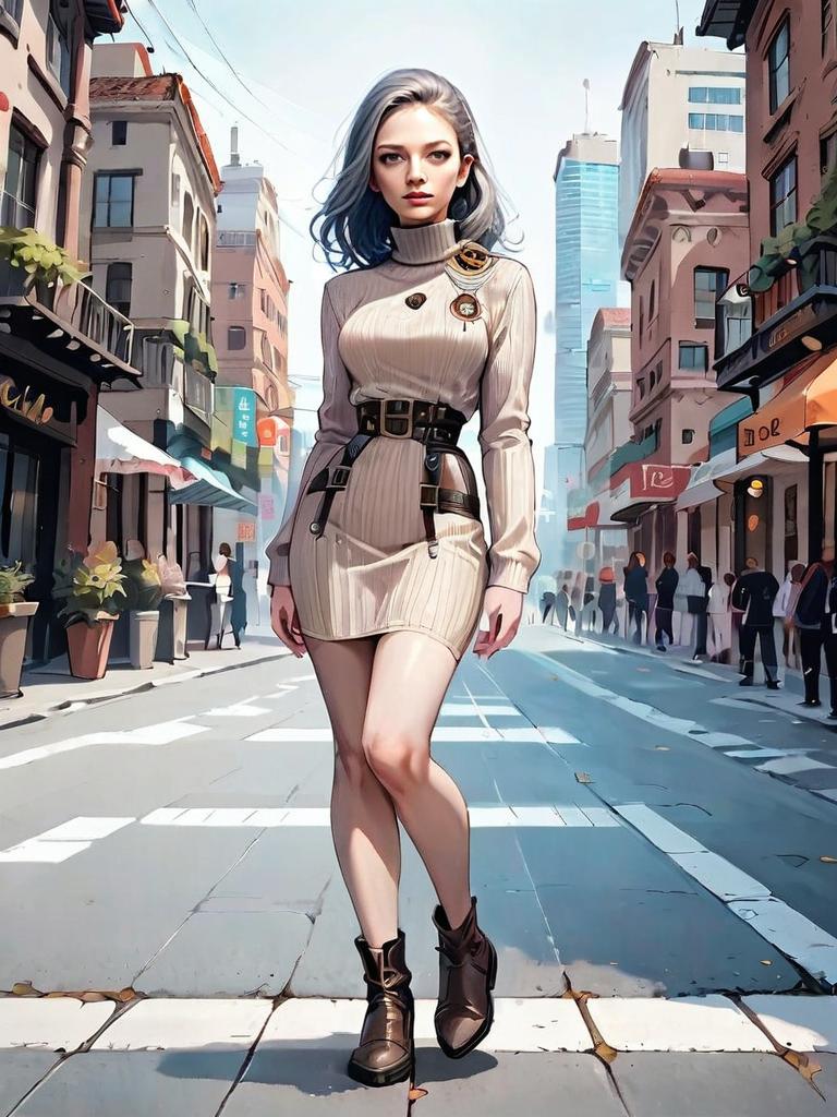 Stylish Woman Walking in Urban Street Realistic Comic Artwork