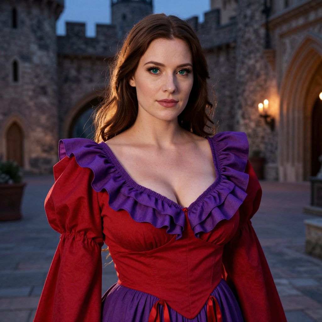 Medieval Woman in Red and Purple Costume at Stone Castle
