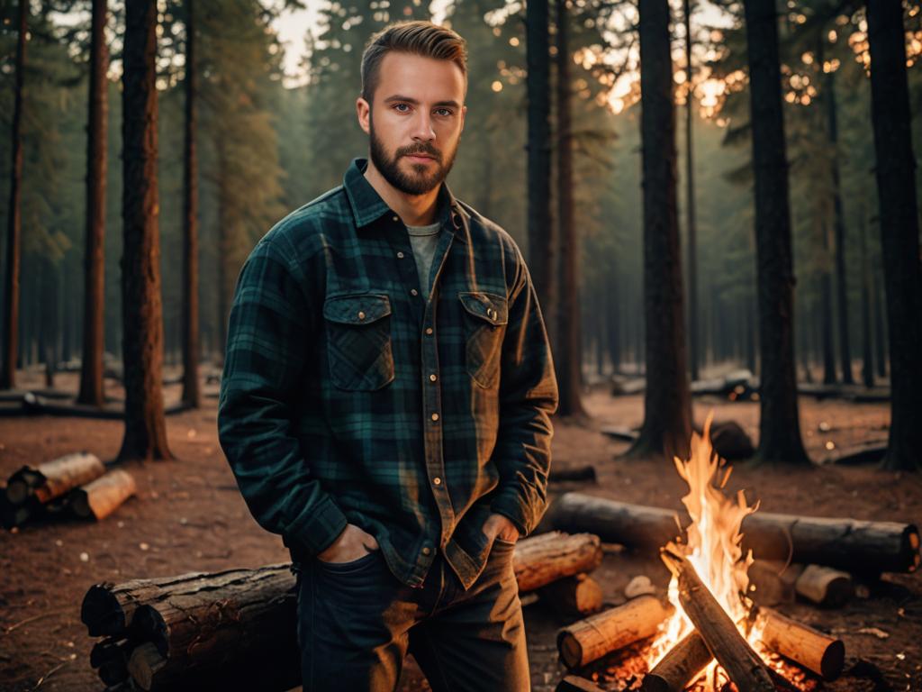 Man by Campfire in Forest