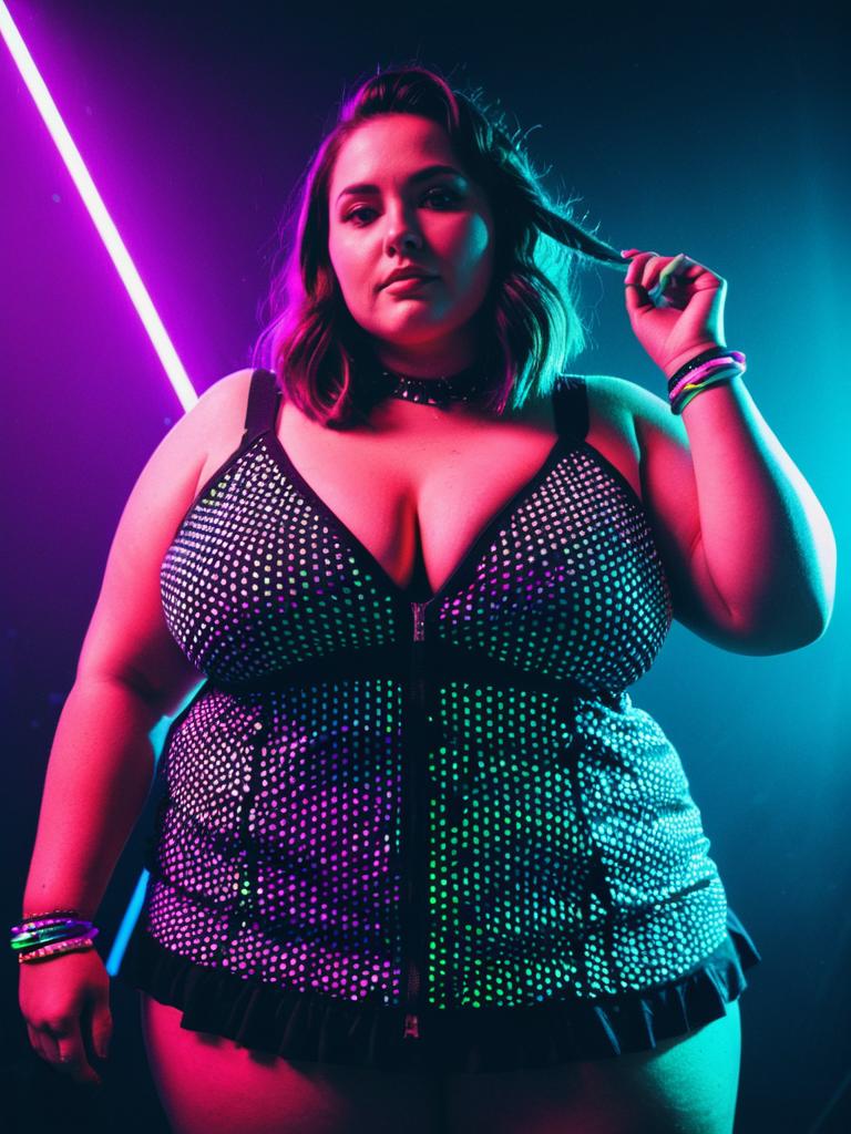 Plus-Size Woman in EDM Festival Outfit Photorealistic Studio Portrait