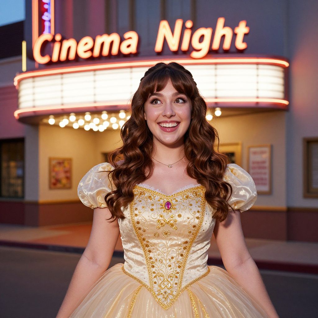 Young Woman in Princess Dress at Cinema Night