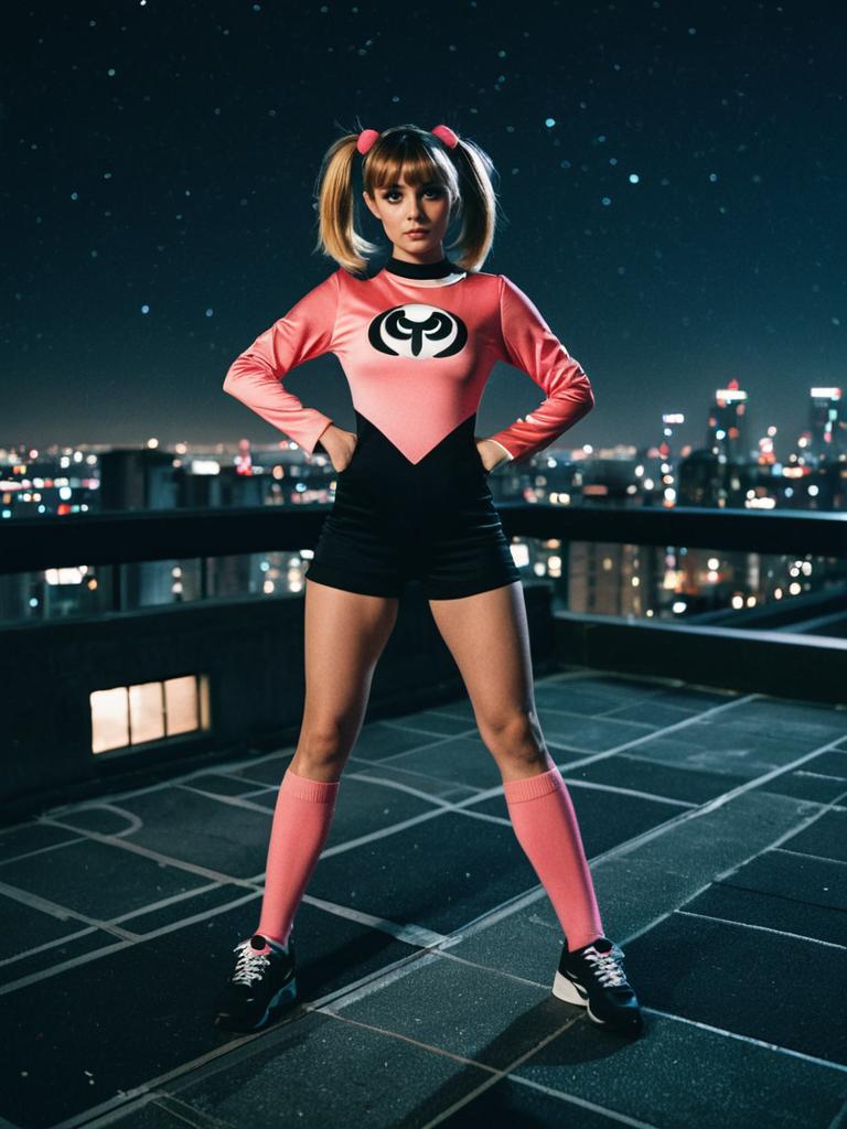 Confident Woman in Pink Costume on Rooftop at Night