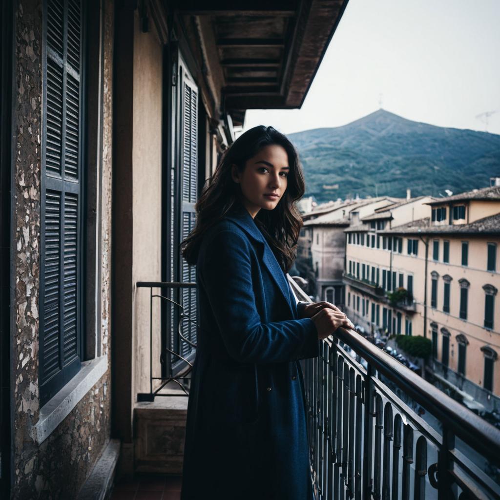 Woman on Balcony Overlooking Italian Street with Mountain View